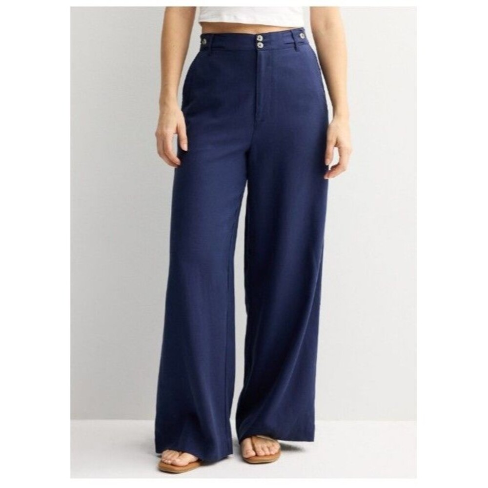 NEW! Women's Fourth + Bay Blue Wide Leg High Rise Polished Linen Blend Pant, 16
